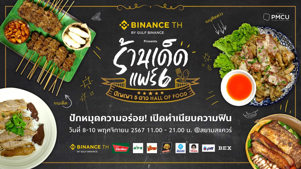 เตรียม สนุก จุก ฟิน ไปกับงานอาหารใจกลางเมือง “BINANCE TH แพลตฟอร์มเทรดสินทรัพย์ดิจิตอลมาตรฐานโลก presents ร้านเด็ดแฟร์ 6 ปัญญา 5 ดาว Hall of Food” ปักหมุดความอร่อยร้านเด็ดทั่วไทย พบกัน 8-9-10 พ.ย.นี้ เวลา 11 โมง ถึง 3 ทุ่ม ที่สยามสแควร์!!